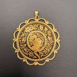 Vintage Damascene Pendant Renaissance Style Floral Scroll Scallop Edge 1.75"